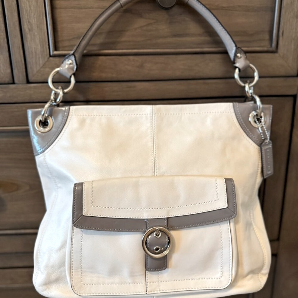 Coach Penelope Leather Hobo Shoulder Bag – White with Gray Accents
